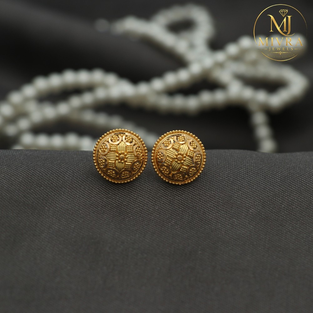 22K Sparkling Gold Jacket Stud Earrings 1.4cm Mother Gift Jewelry 3.35g