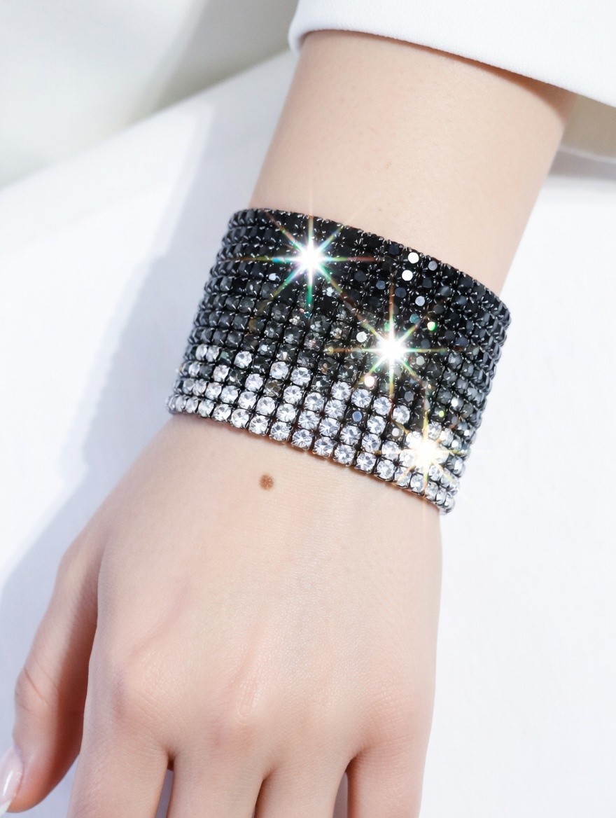 Black Rhinestone Stretch Bracelet Statement Pageant Drag Queen Jewelry Prom