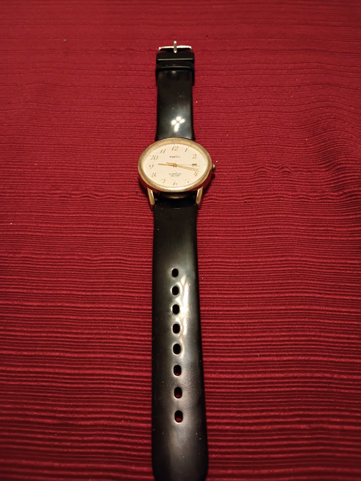 Timex Indiglo Quartz Gold Tone 34mm White Dial 30m Black Rubber New Battery