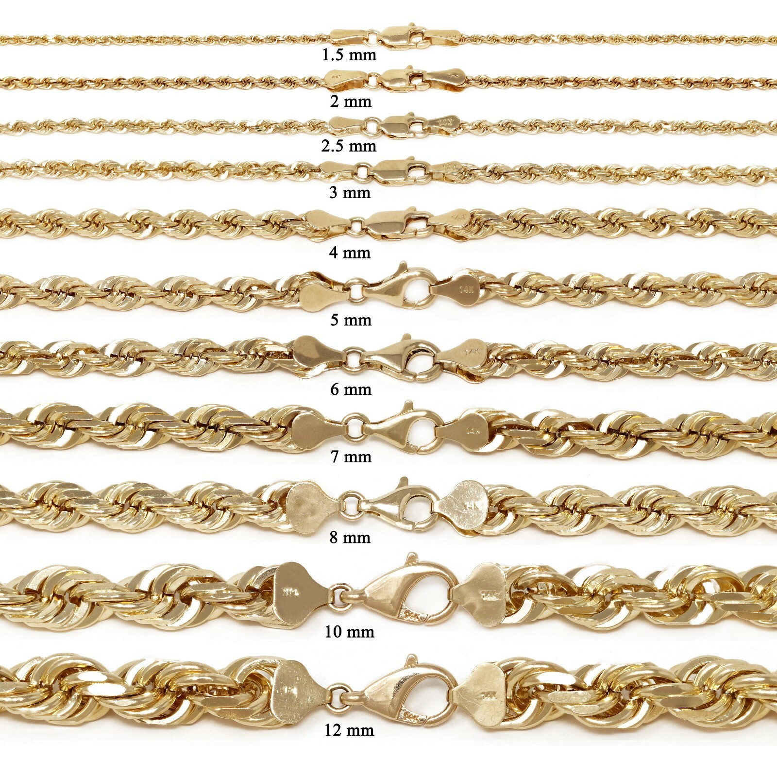 14k Yellow Gold Solid Diamond Cut Rope Chain Necklace 18″ 1.5mm to 4mm