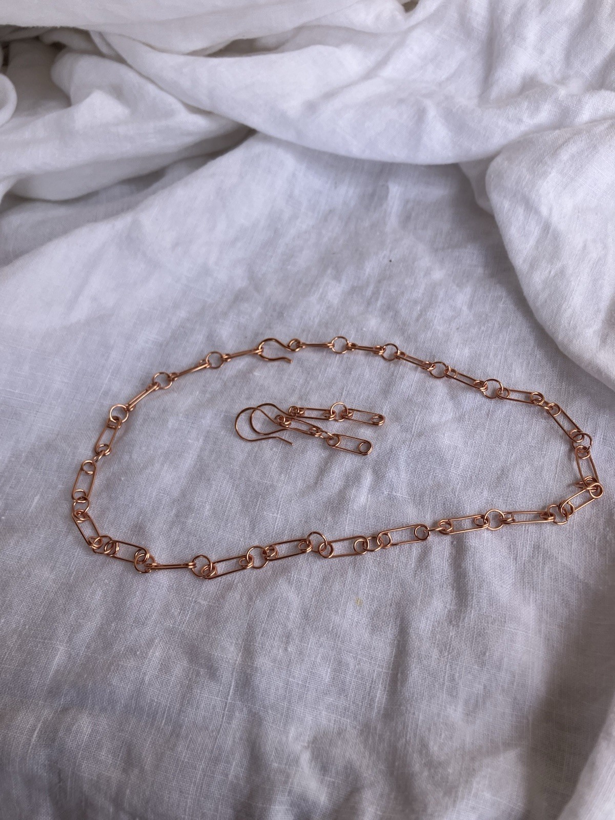 Tribute to Punk Safety Pin Inspired Hand Made Copper Link Necklace and Earrings