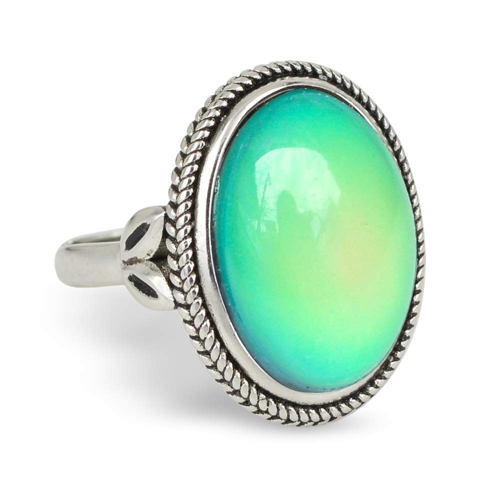 Vintage Adjustable Antique Silver Plated Mood Ring | Color Change Oval Stone, Gi
