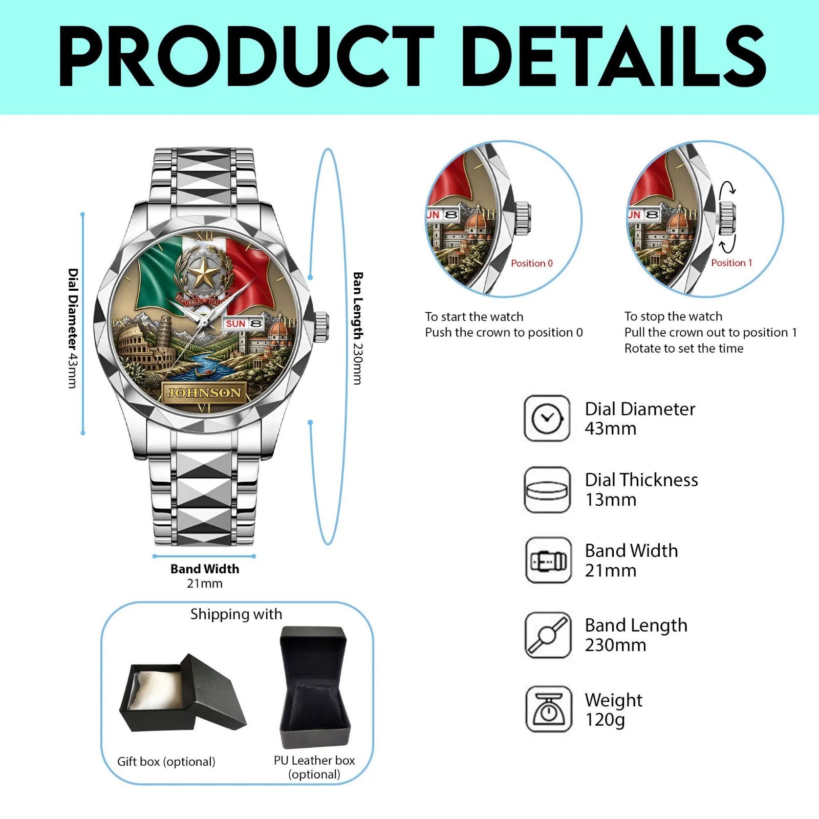 Custom Italy Flag Wrist Watch Personalized Rome Colosseum Landmark Gift for Men
