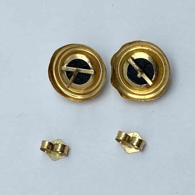 14K Yellow Gold Black Onyx Stud Earrings Bezel Set Round 11.6mm 1.02g