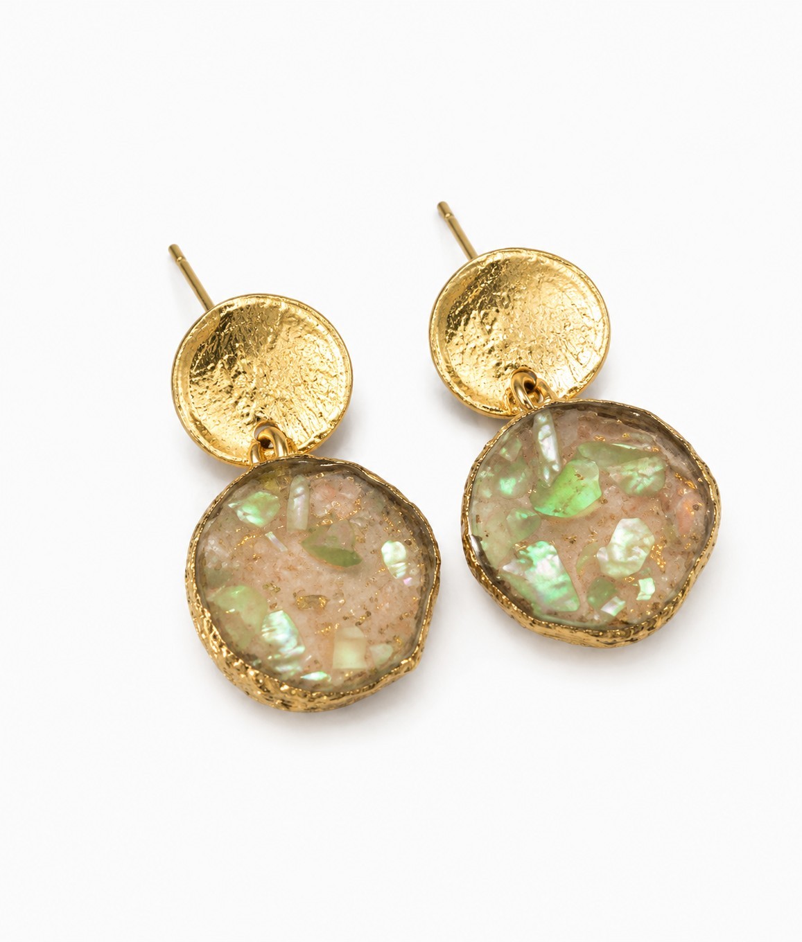 925 Sterling Silver Stamped Mosaic Stone Dangle Stud Earrings Gold Tone Round
