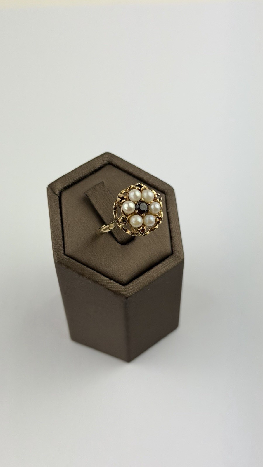 Pearl And Garnet 9ct Gold Ring , Vintage And Hallmarked Yellow Gold