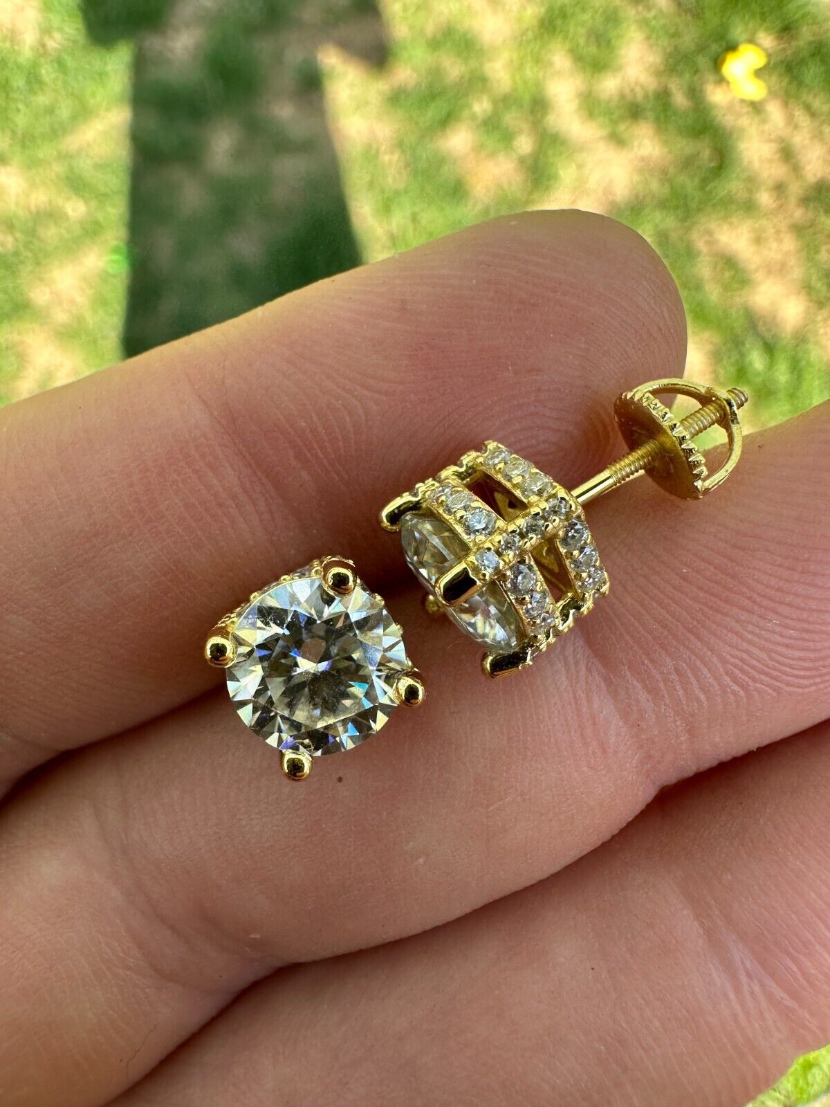 Moissanite 3D Iced Solitaire Screwback Stud Earrings Real 14k Gold Plated Silver
