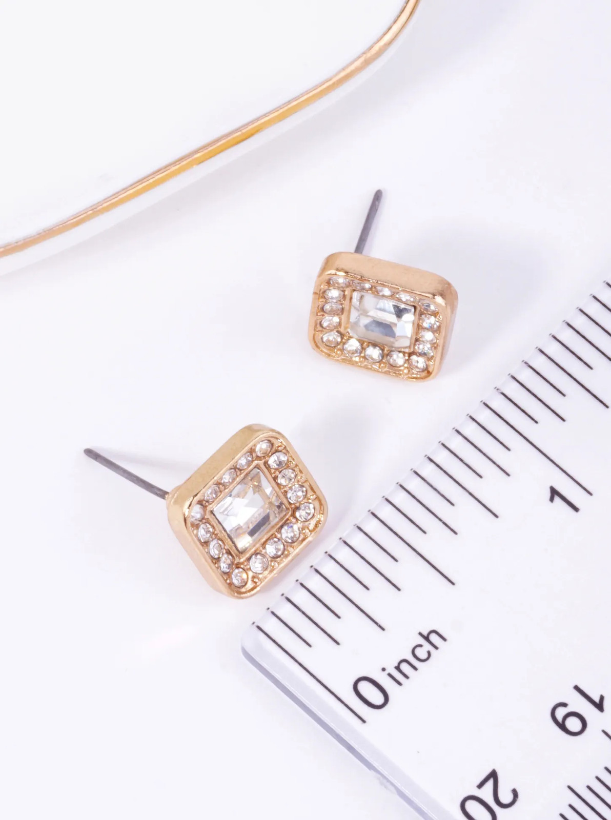 Soft Square Glass Rhinestone Stud Earrings 0.4in, Gold or Silver Tone