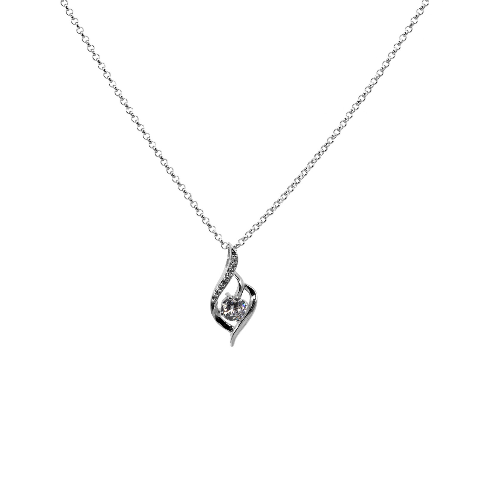 Round Rolo Chain Necklace Pendant Water Drop Zircon 925 Sterling Silver Women