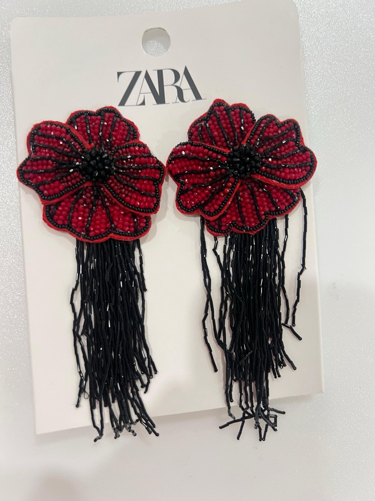 New Zara Woman Floral Beaded Earrings Dark Red Burgundy Black