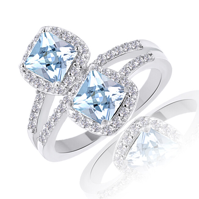 1.38 Ct Square Cut Aquamare & Cubic Zirconia 14K White Gold Plated Bypass Ring