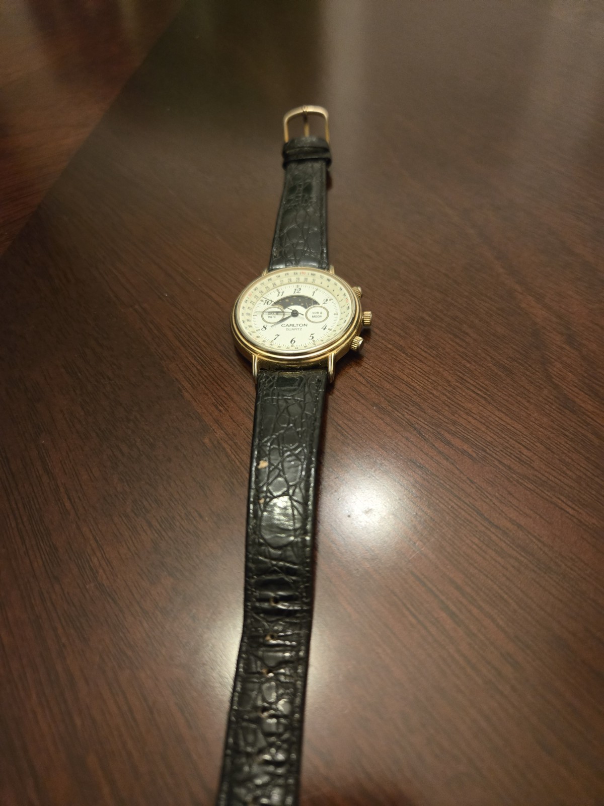 Carlton Quartz Moon & Sun Phase Date Gold Watch White Dial Black Leather Strap