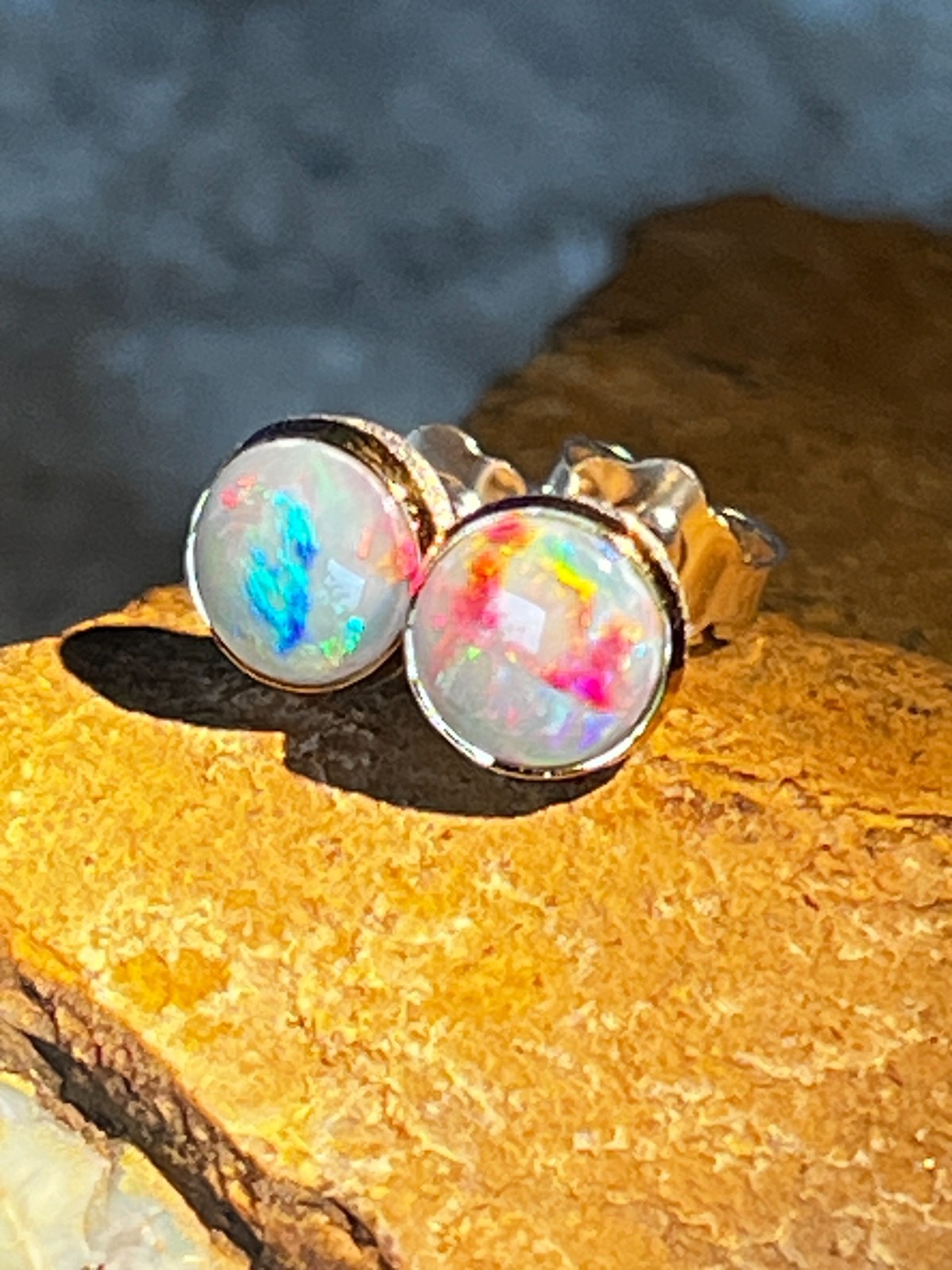Black Opal Harlequin in 18Kt Gold Vermeil Setting Sterling Silver Stud Earrings