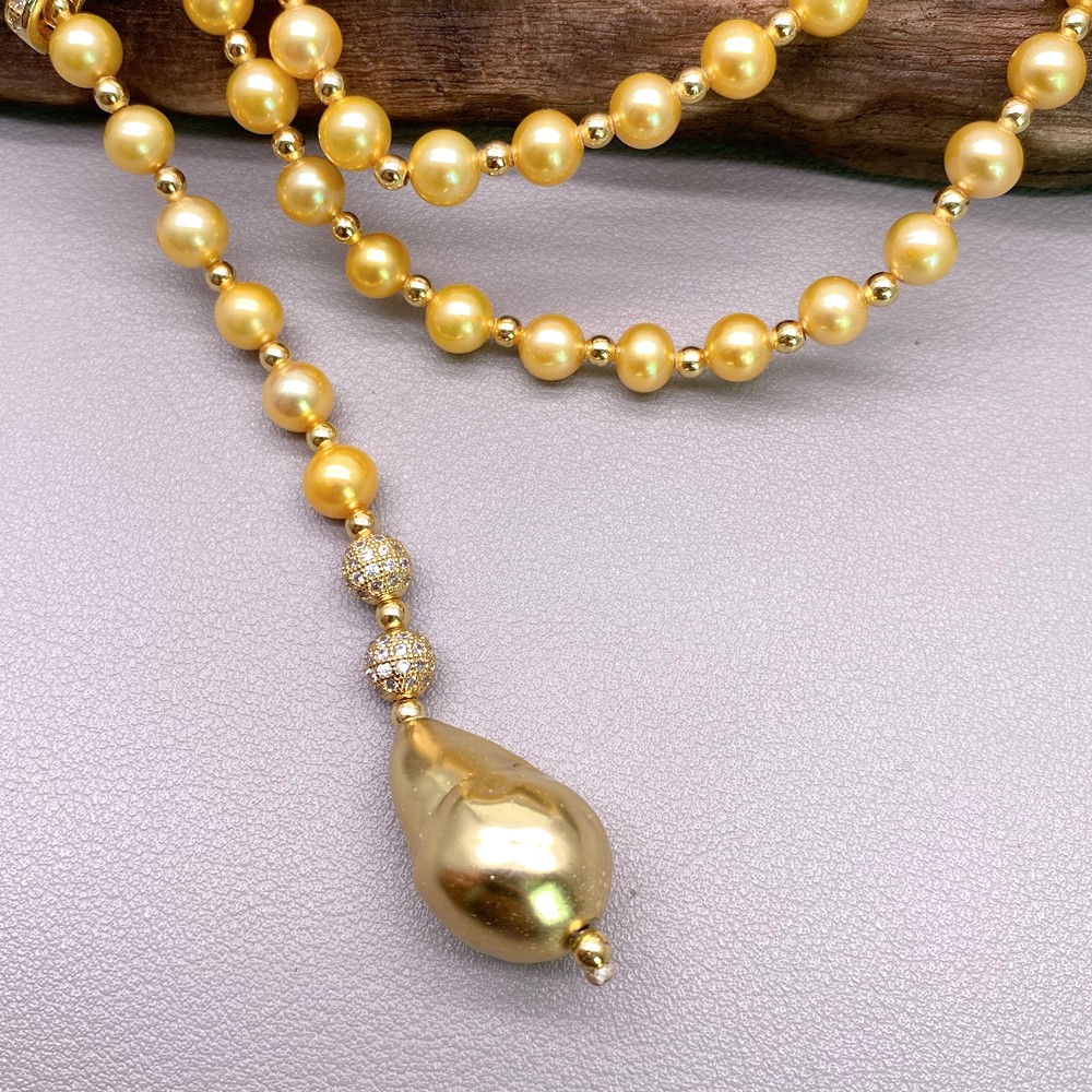 Cultured AA Grade Golden Pearl Gold Plated Baroque Pearl Long Necklace 36″