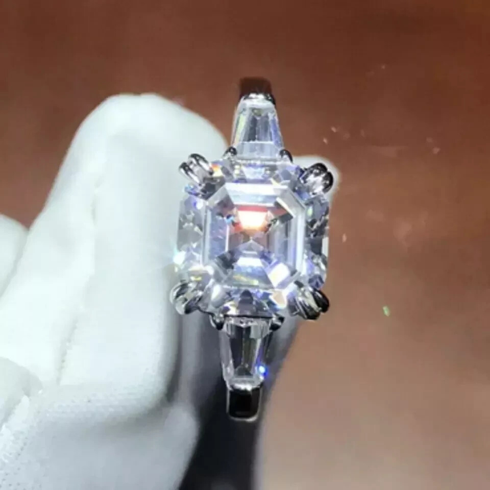 Solid 14K White Gold 3 Carat Asscher Cut Moissanite Solitaire Engagement Ring