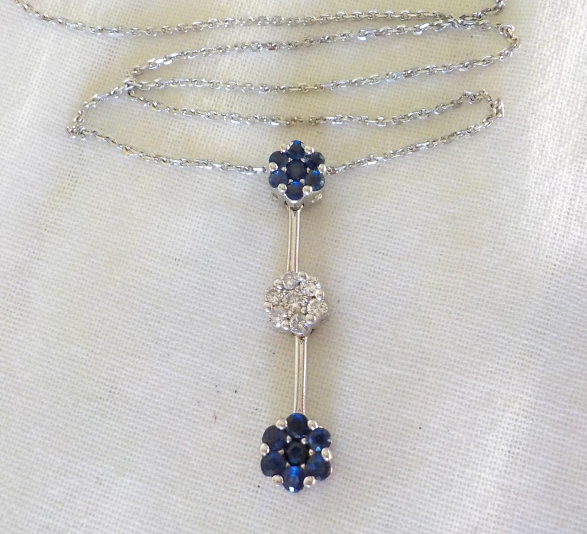 14K White Gold Bar Blue Sapphire Diamond Necklace – 4.0 gms, 18 in, 0.40 ctw
