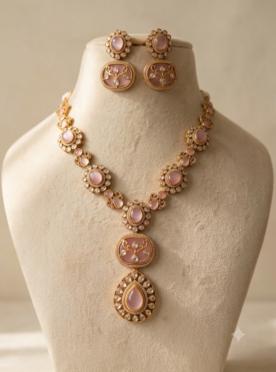 Ruhani Party Wear Blush Pink Kundan Necklace Set Roz Jewellers.