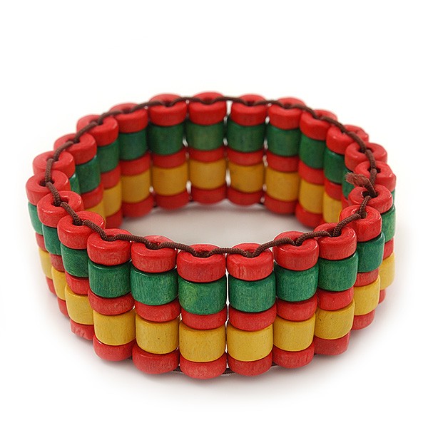 Multicoloured Wood Bead Flex Bracelet (Orange/Green/Yellow) – 18cm Length