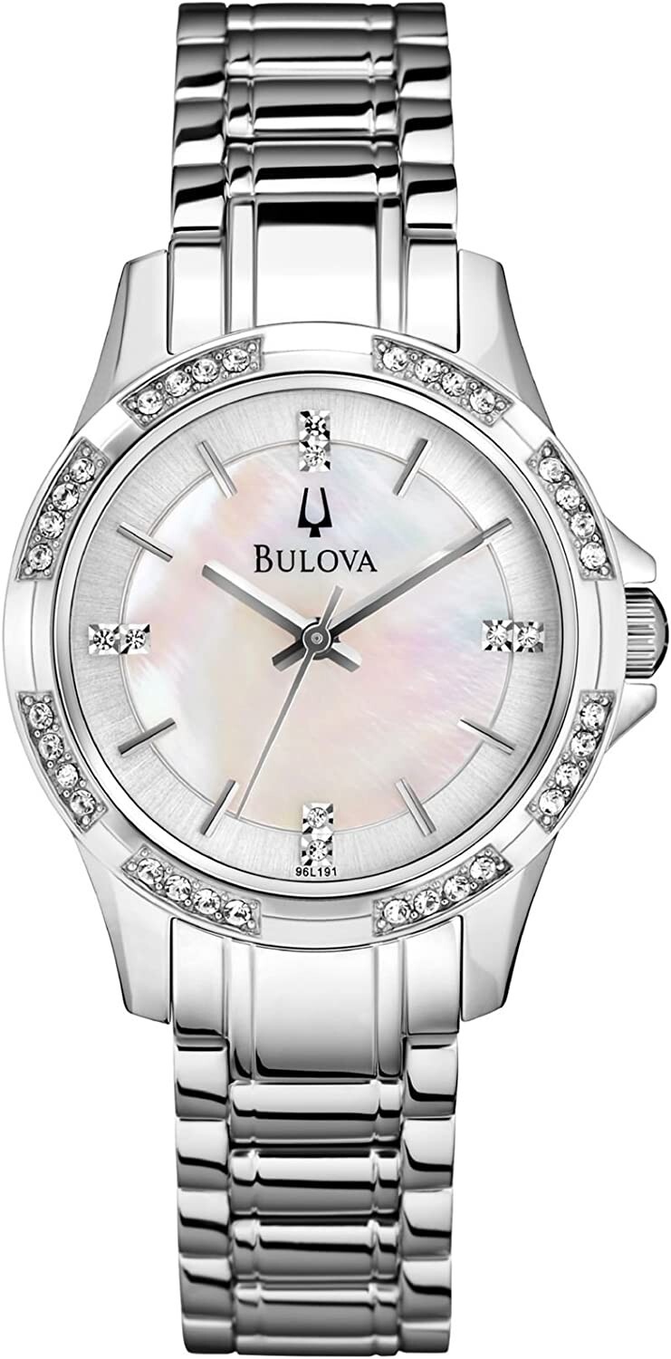 Bulova 96L191 Silver Tone White MOP Dial Swarovski Crystals Womens Dress Watch