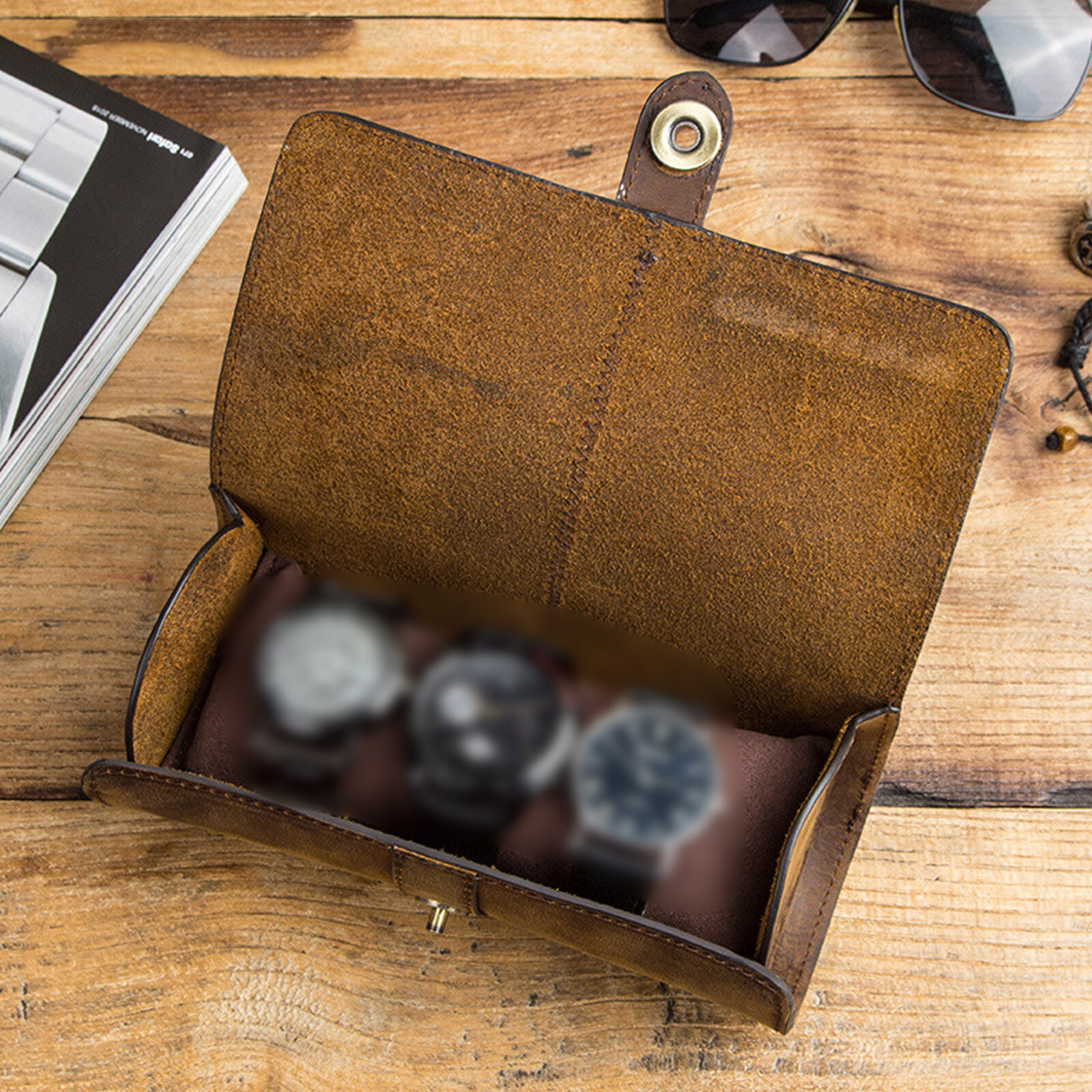 Genuine Leather Watch Roll Travel Box 3 Slot Wrist Watches Display Storage Case
