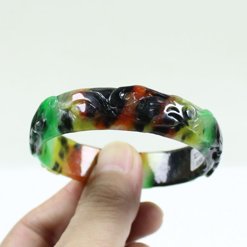 61mm Real Natural Ice Multicolor Burmese Jade jadeite Carving Bracelet Bangle