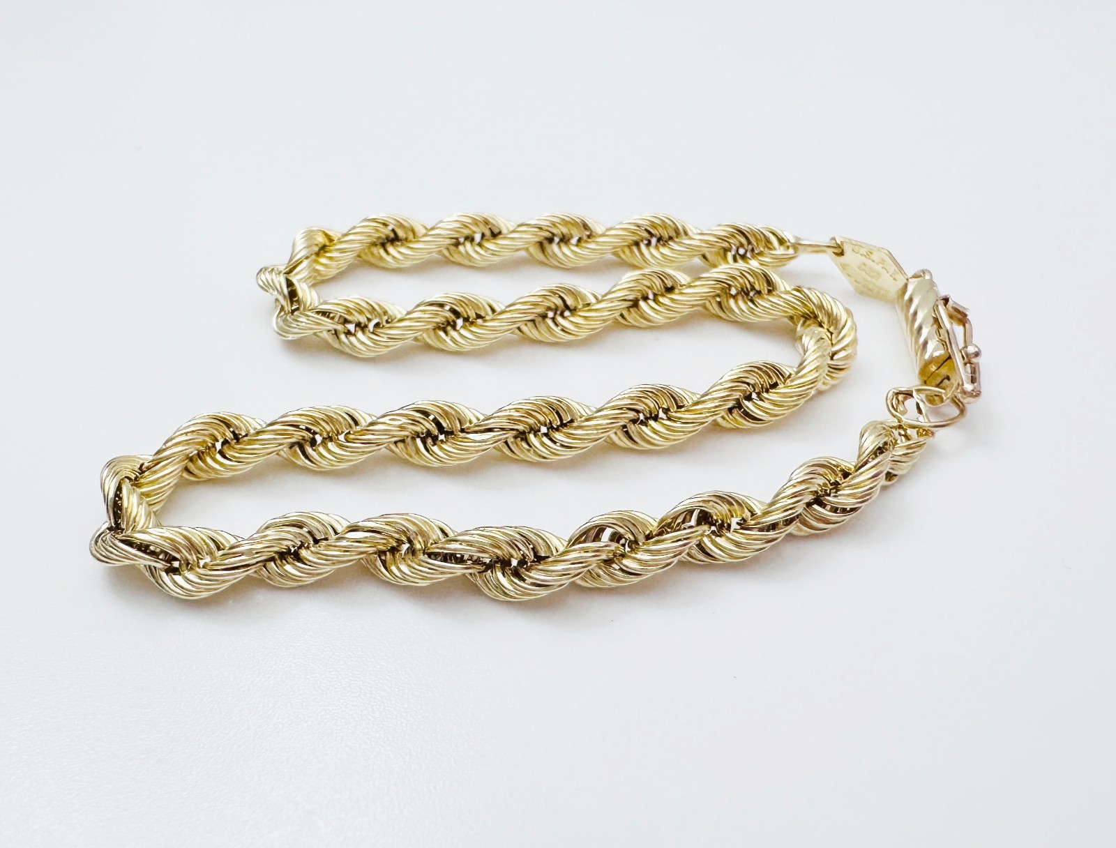 Solid 14K Yellow Gold Classic Rope Link Bracelet w/Safety Latch 3.7mm, 8″, 2.2g
