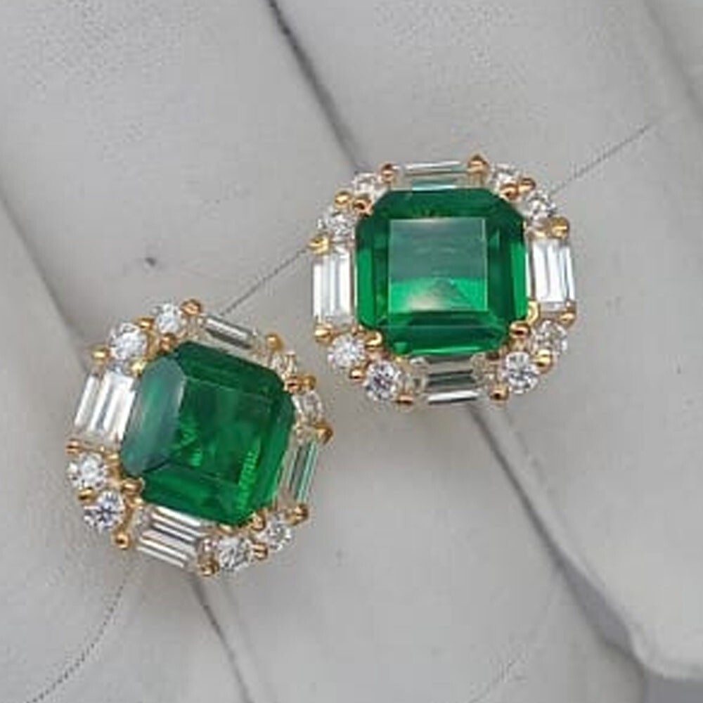 5.16Ct Asscher Cut Natural Emerald & Diamond Stud Earring 14K Solid Yellow Gold
