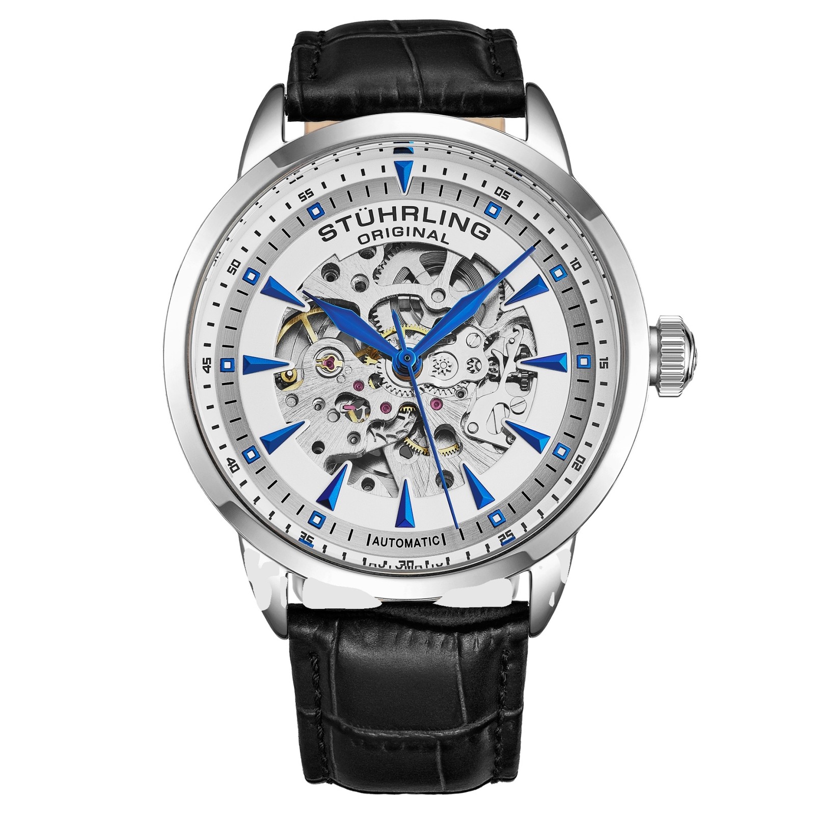Stuhrling 4071 1 Executive Reserve Automatic Skeleton Black Leather Mens Watch
