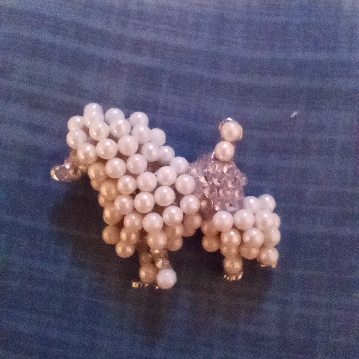 Poodle Brooch Costume Silver White Pearl & Glass Twist Clasp 1.25X1.25″ EUC