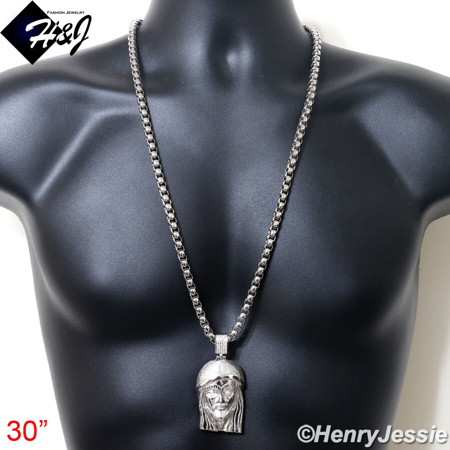 18-40″MEN Stainless Steel 7mm Silver Box Link Chain BIG ICY CZ Jesus Pendant*143