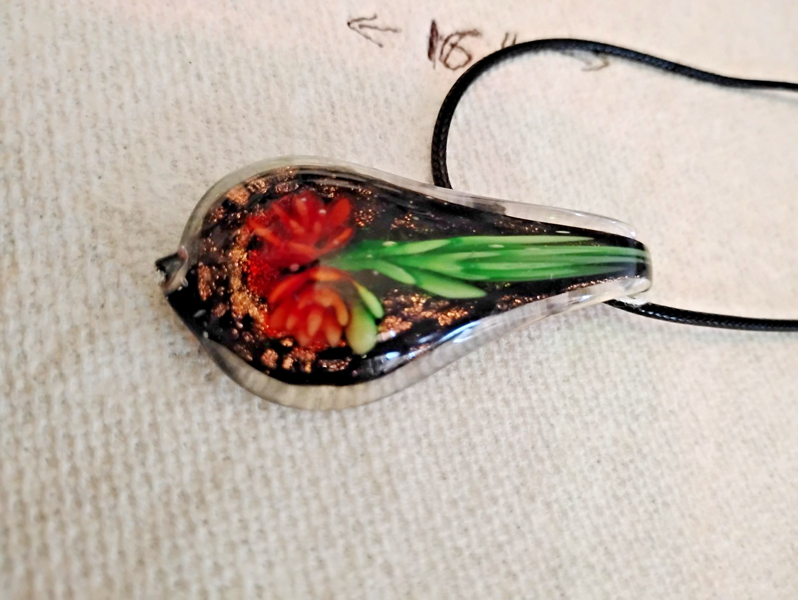 Hand Blown Murano Style Glass,Green Mix Pendant Necklace oblong,2 1/2″ A8