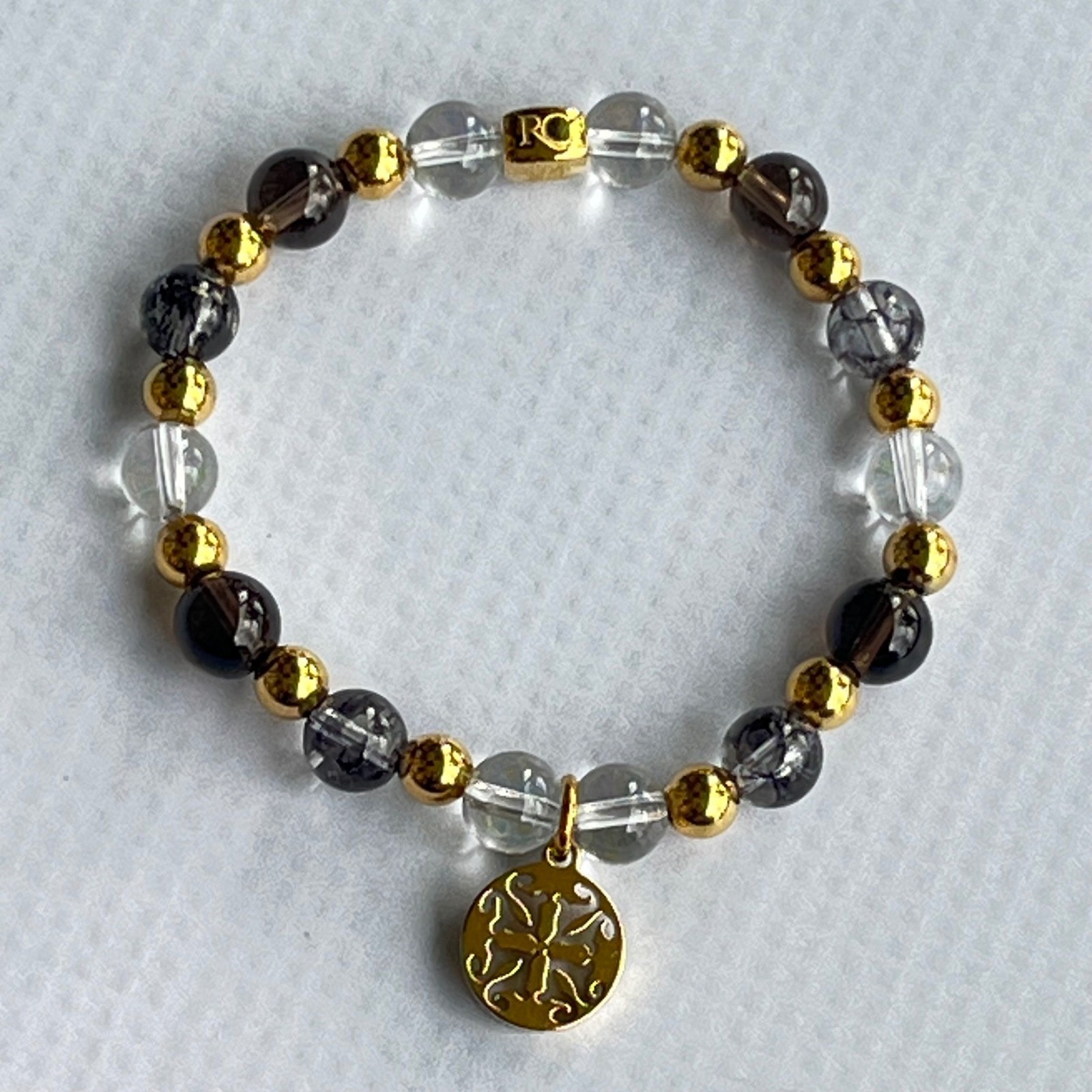 Rustic Cuff Beaded Stretch Bracelet Filigree Charm Marbled Logo Elegant Chic