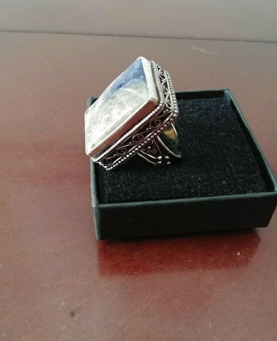 Natural Stone SSilver Mineral Healing Sodalite Fashion Ring Band Charm Gem 6.75