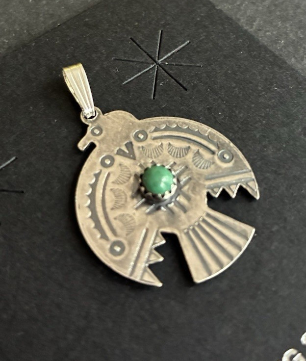 Navajo Sterling Silver Turquoise Stamped Thunderbird Pendant