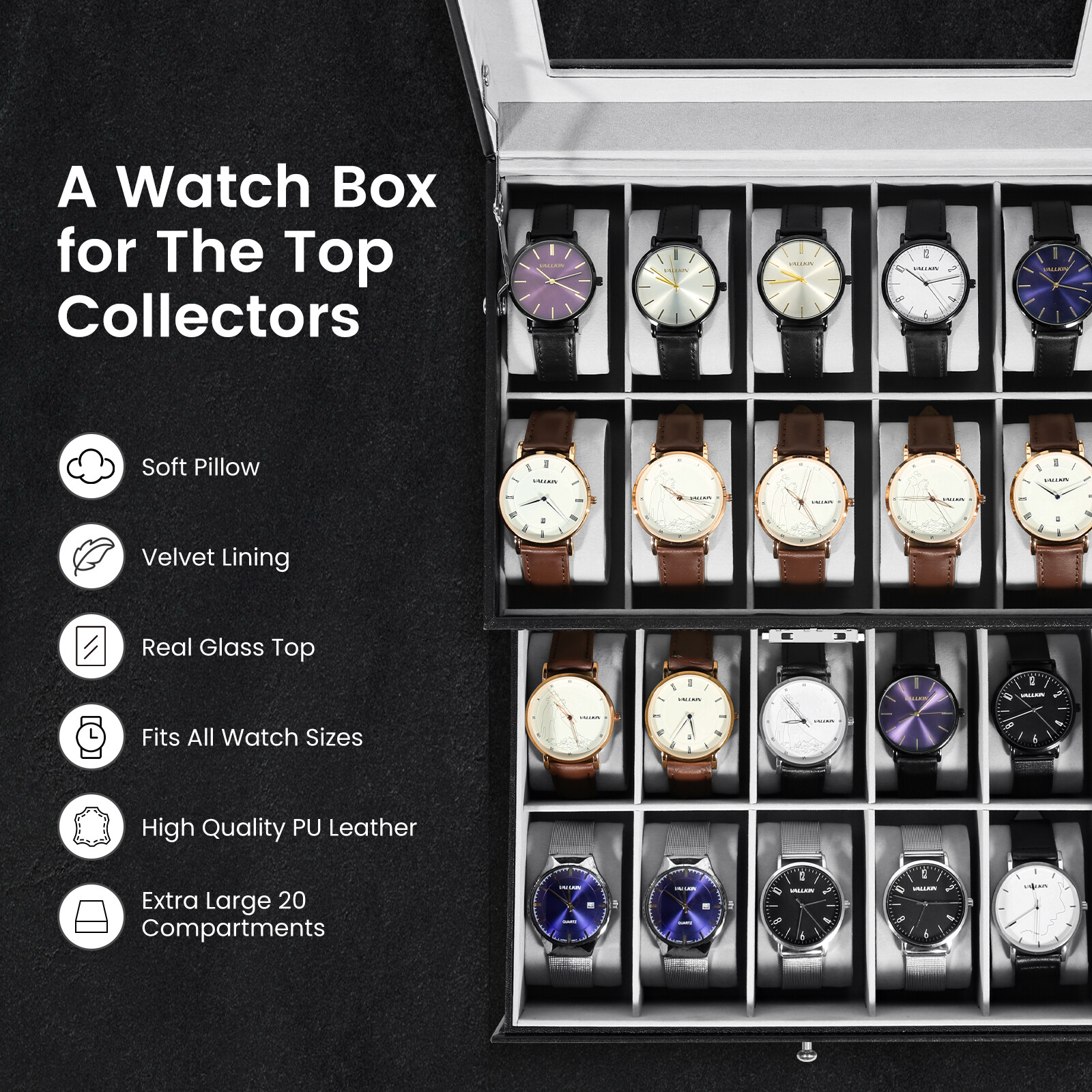 20-Slots Watch Box Case 2 Layers Watch Jewelry Holder Organizer Storage Display