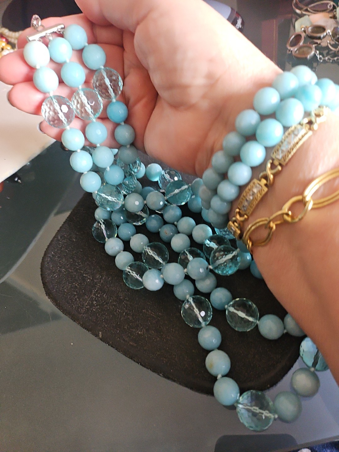 LP Genuine Stones Amazonite Bids & Blue Topaz 3 Strands Silver 925 Necklace 22″