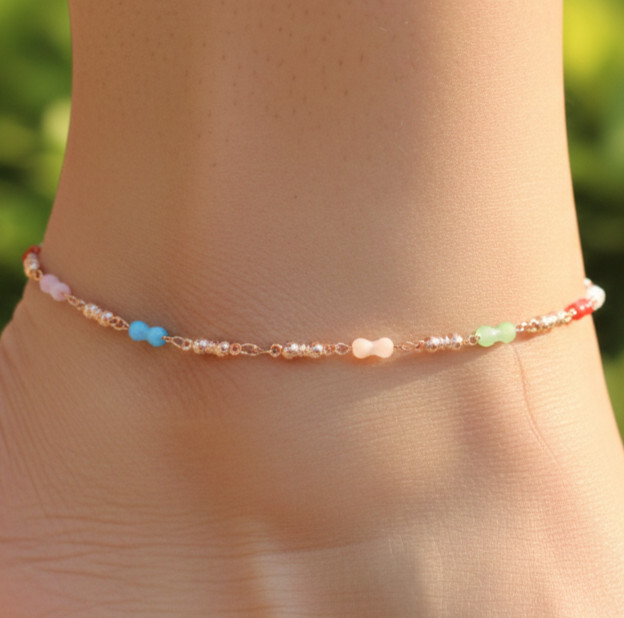 Multicolor Beaded Anklet Dainty Rose Gold Plated Chain Anklet Handmade Jewelry