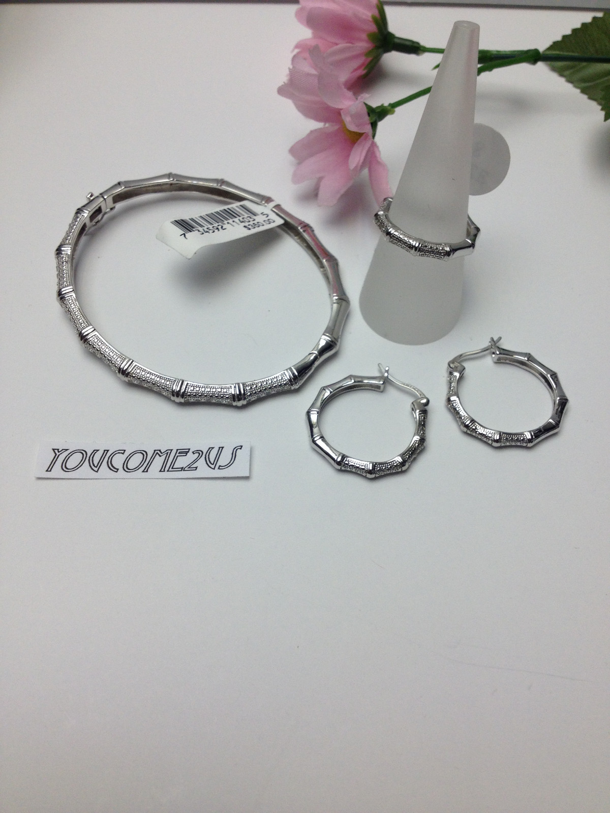 3pc Set LADY DIAMOND EARRINGS + BRACELET + RING size 8 925 STERLING SILVER $350