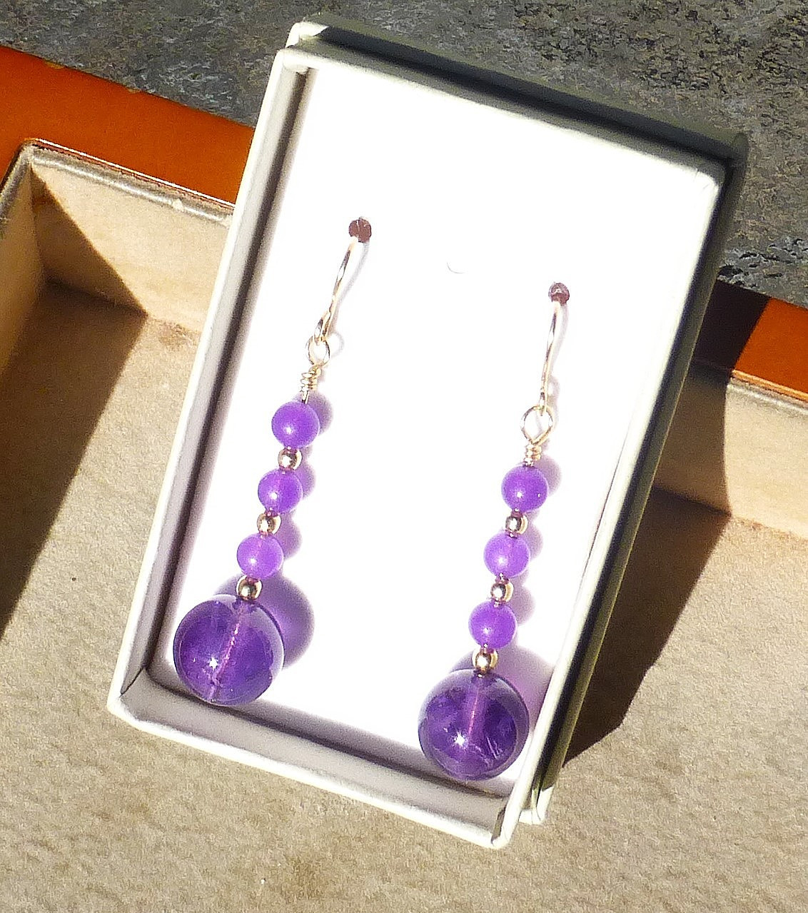 Handmade Amethyst BEAD dangle earrings in 14/20 gold filled Length 1 3/4 in.