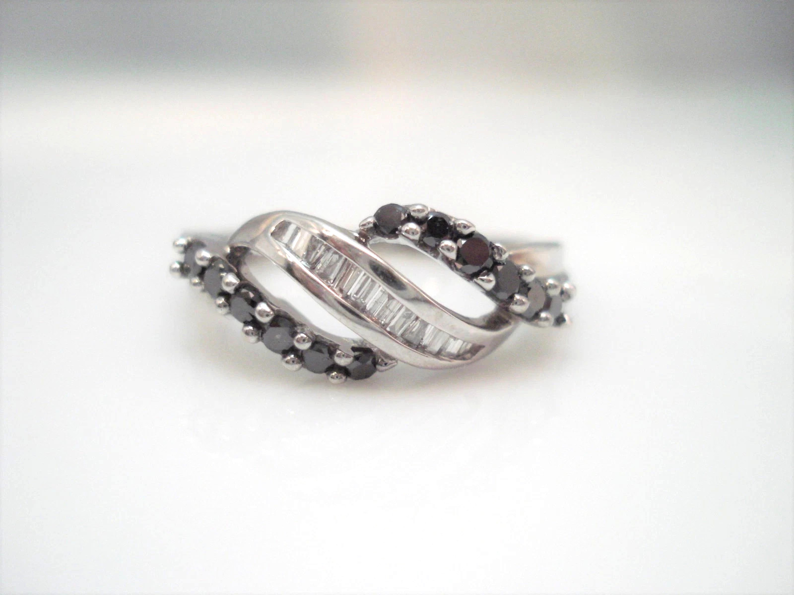 Channel Set Simulated Black /White Diamond 14K White Gold Plated Engagement Band