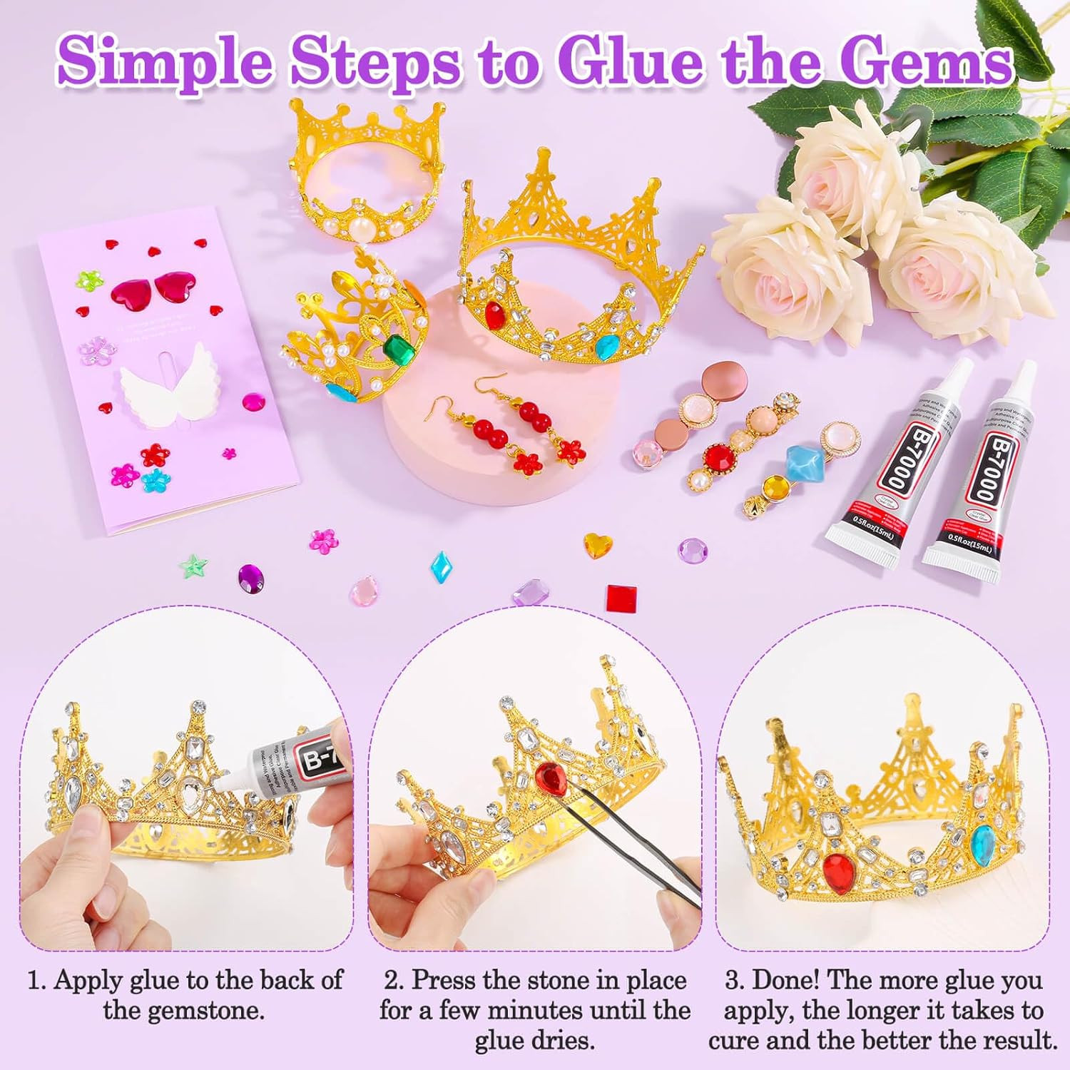 400Pcs Jewels for Bedazzling with 2 Pack B7000 Jewelry Glue, Flat Back Craft Gem