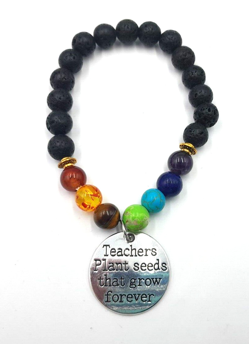 Black & Multi-Color Glass Beads Stretch Bracelet “Teachers Plant Seeds . . .”