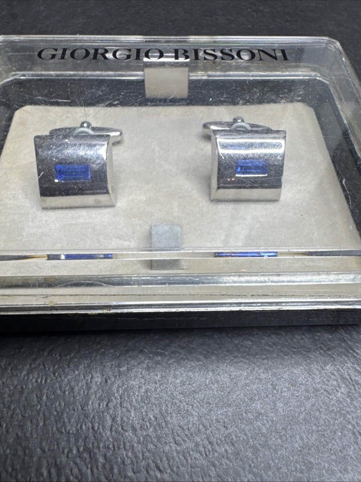 Giorgio Bissoni Silver Tone Square Blue Crystal Cufflinks Original Case