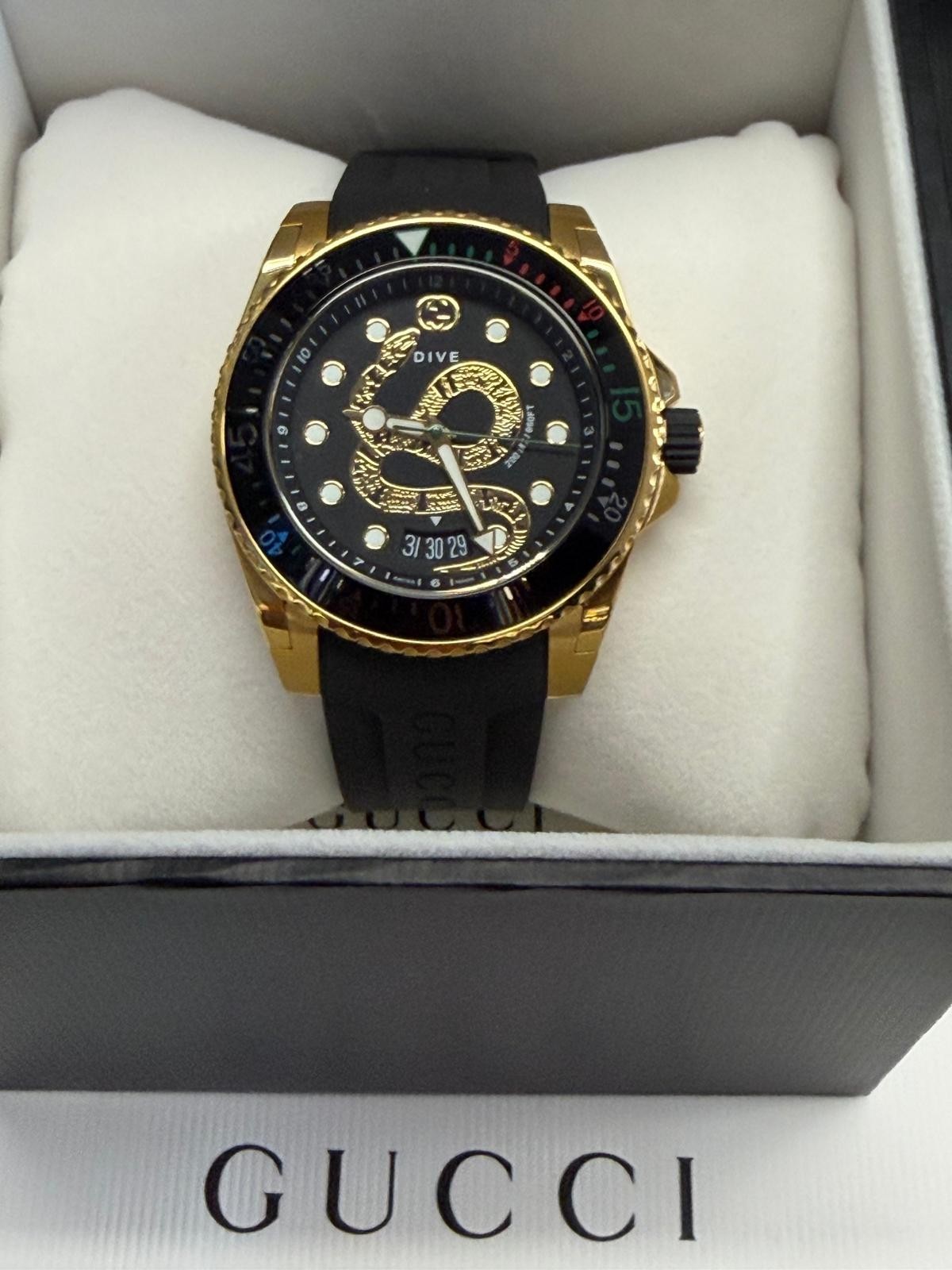Unused Gucci Dive Black Dial Gold-Tone Rubber Strap 45mm Men’s Watch YA136219