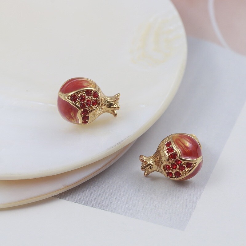 Enamel glaze red small pomegranate stud earrings.