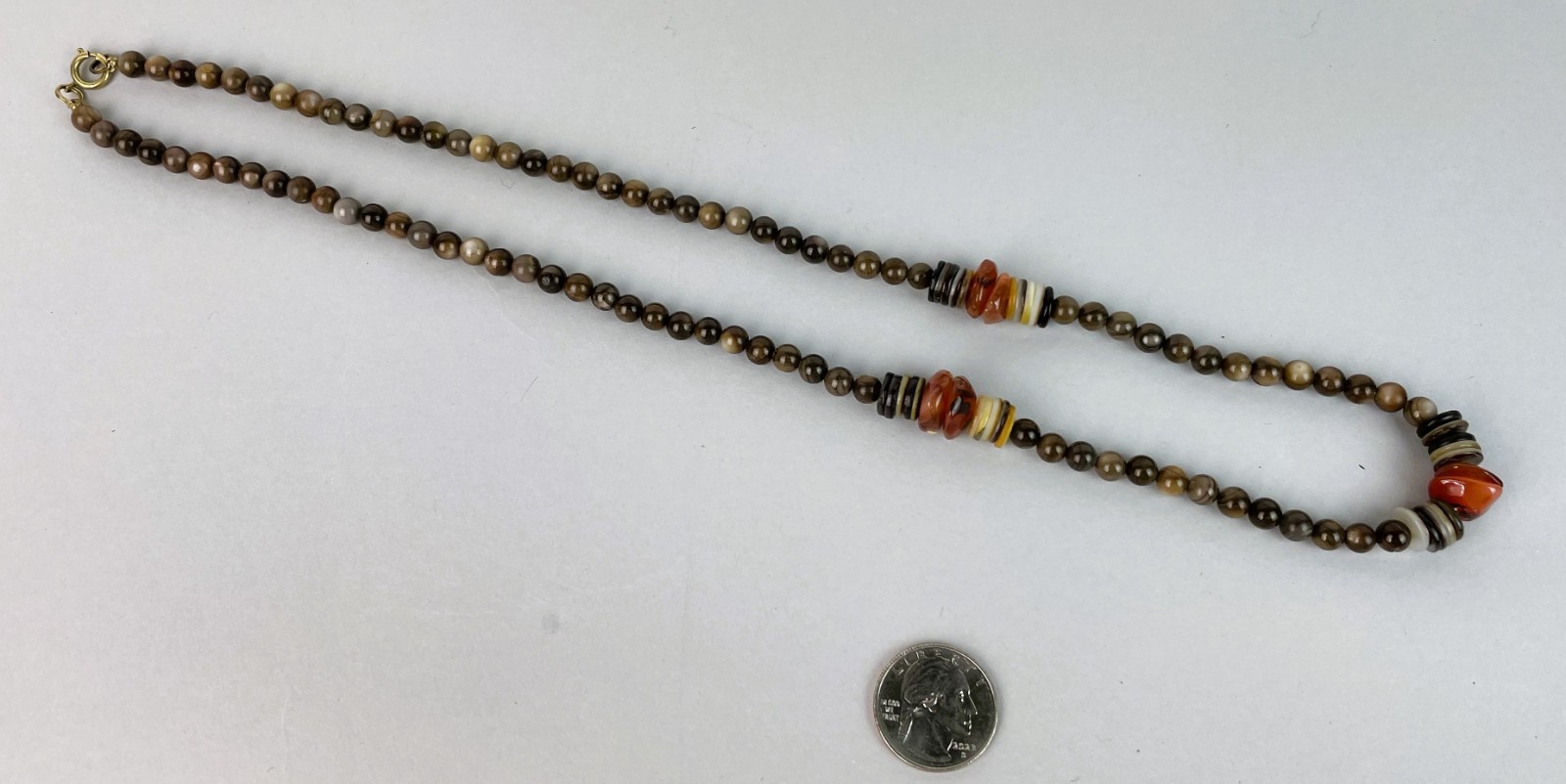 VTG 1970s Agate & Shell Beaded Bohemian Necklace tone necklace 26″, S14