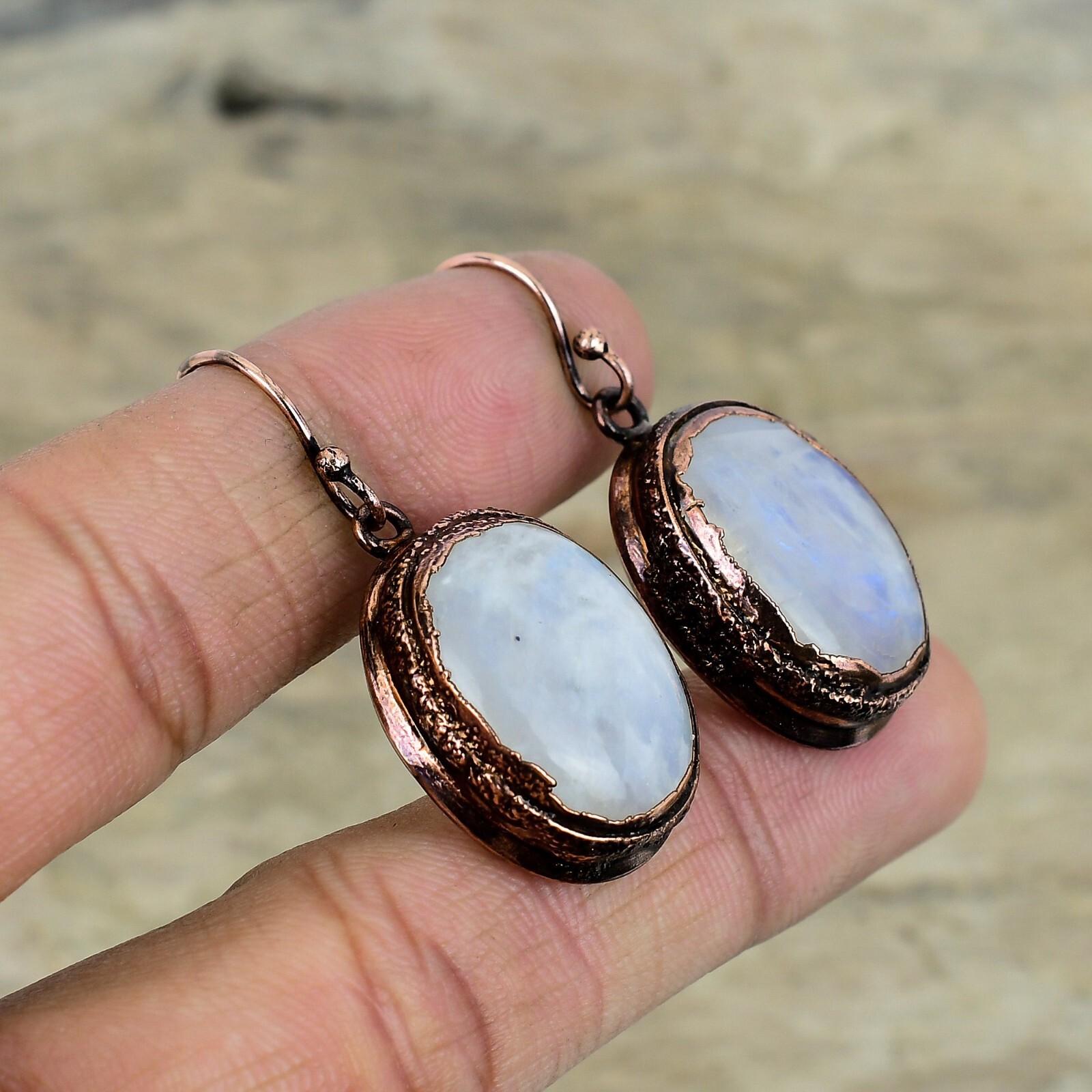 Rainbow Moonstone Copper Valentine Gift Electroformed Drop/Dangle Earrings 1.77″