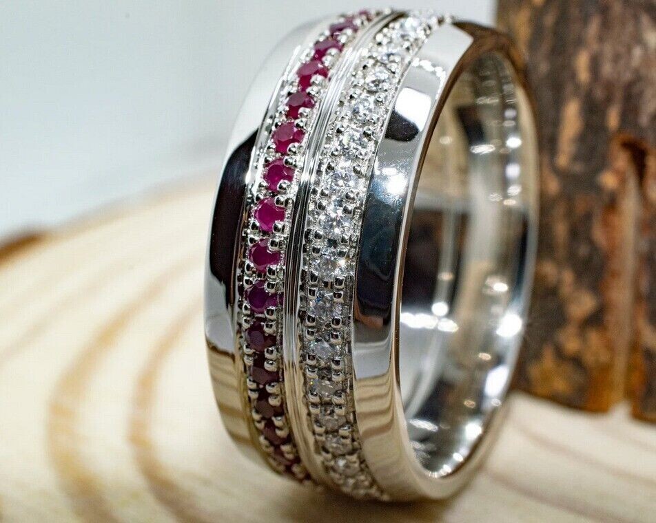 Round Cut Simulated Pink Ruby Gorgeous Eternity Band Ring 14k White Gold Plated