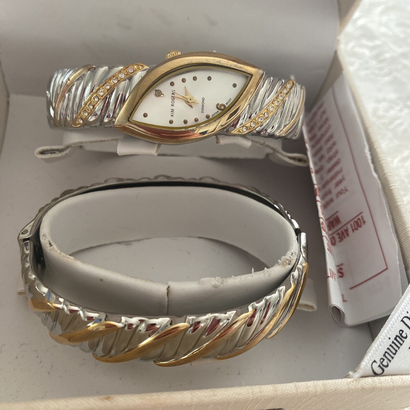 Kim Rogers Gold-Silver Tone Bracelet Watch Set With Genuine Diamond Dial In Box