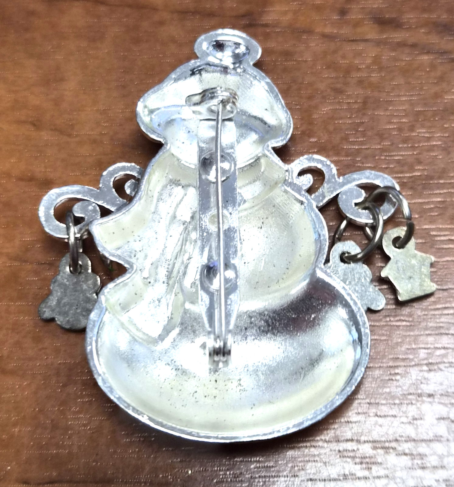 Vintage 90’s Christmas Rhinestone & Enamel Snowman Holding Charms Pin / Brooch